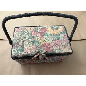 Vintage Floral Sewing Box with Handle | Fabric Covered Sewing Basket